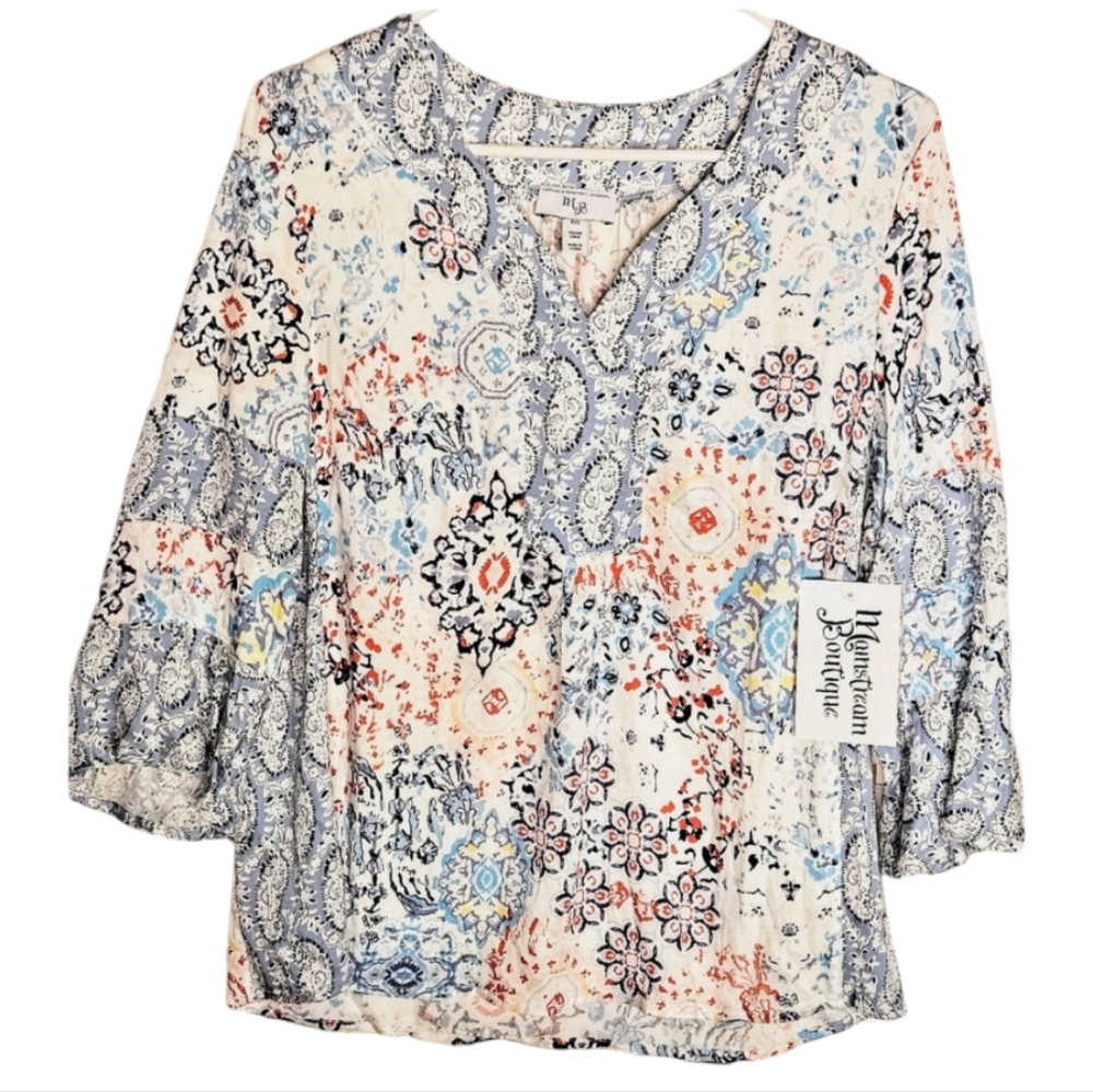 💥Mainstream Boutique Tapestry Print  V-neck Tunic Blouse Size PS